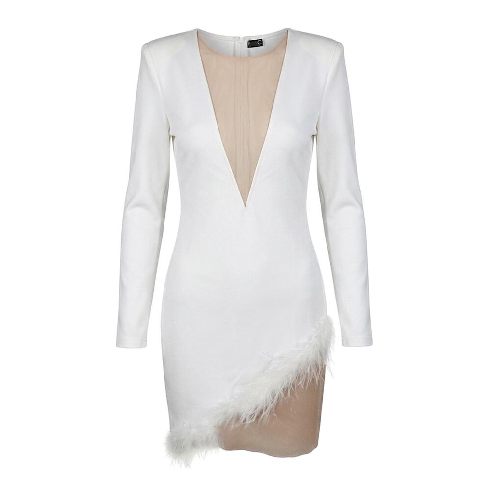 CBR White Feather Mesh Padded Shoulder V Neck Mini Dress | Size M